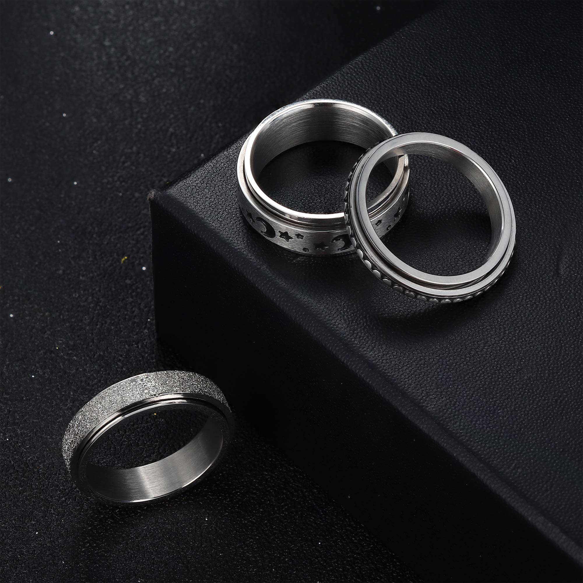 Jstyle 3Pcs Stainless Steel Fidget Band Ring for Women Moon Star Sand Blast Finish Spinner Ring Set for Stress Relieving Wedding Promise Sand 10