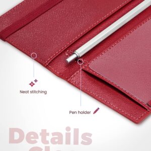 Yarnic Checkbook Cover for Personal Checkbook, Checkbook Holder with Pen Holder & Built-in Clear Plastic Divider for Duplicate Checks (Dark Red)