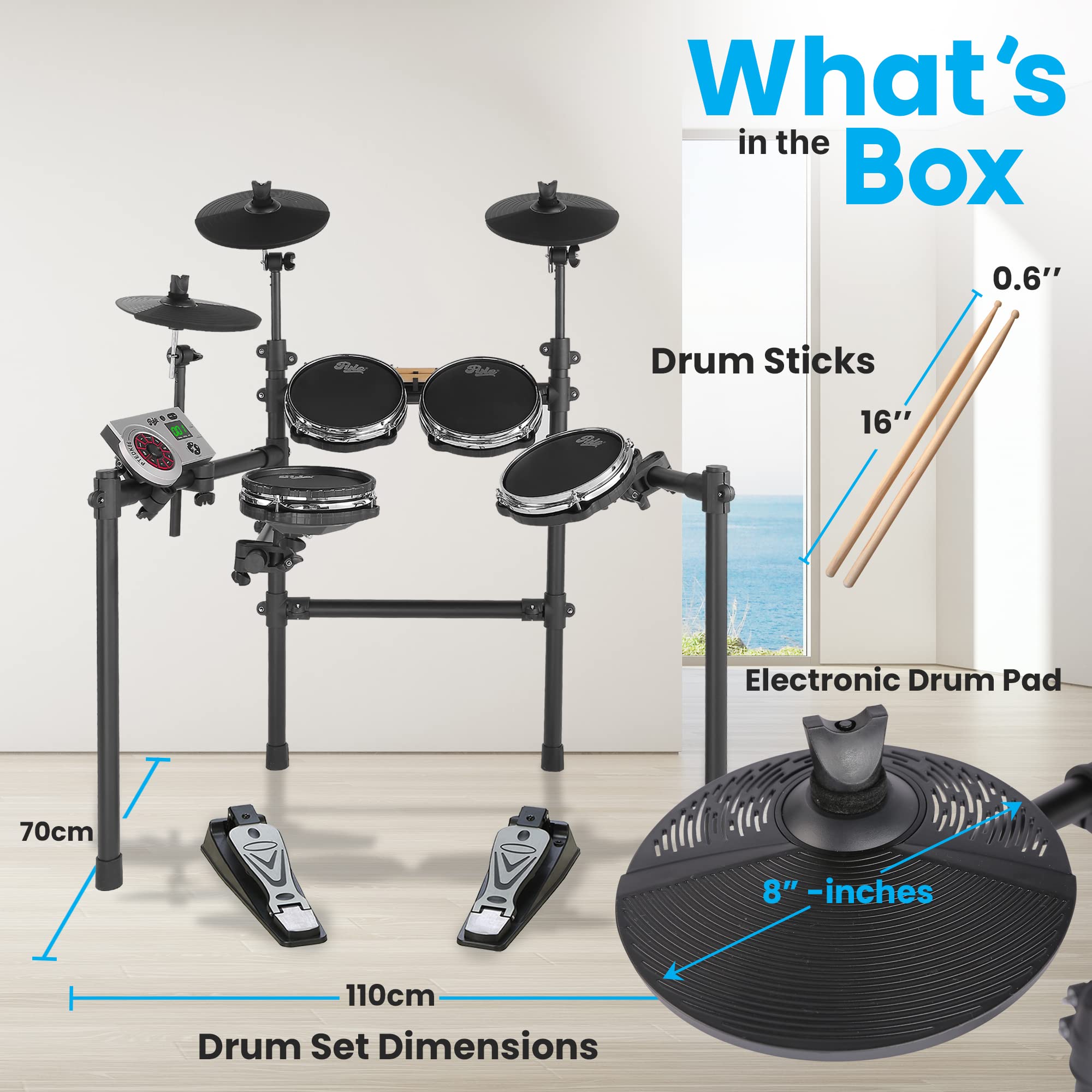 Pyle Electric Drum Set-Portable Quiet Electronic Kit with Mesh, Touch Sensitive Pads for Beginner, Supports MIDI (Mac & PC), Easy to Setup, Sticks Included for Home＆Outdoor-PTEDK86 Black