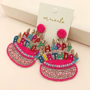 Miracle Collection Beaded Birthday cake Birthday Queen Happy Birthday Earrings for Celebration Birthday Party Earrings (B-day cake-Pink)