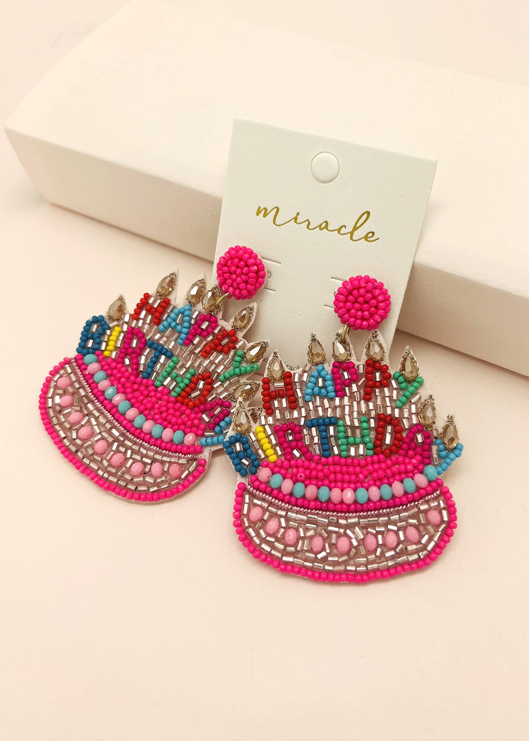 Miracle Collection Beaded Birthday cake Birthday Queen Happy Birthday Earrings for Celebration Birthday Party Earrings (B-day cake-Pink)