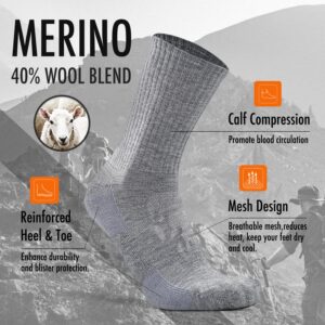 KitNSox 4 Pack Men's Women's Merino Wool Hiking Running Socks Crew Warm Thick Cushioned Outdoor Walking Sport Athletic Sock, Medium, Light Grey