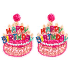 Miracle Collection Beaded Birthday cake Birthday Queen Happy Birthday Earrings for Celebration Birthday Party Earrings (B-day cake-Pink)