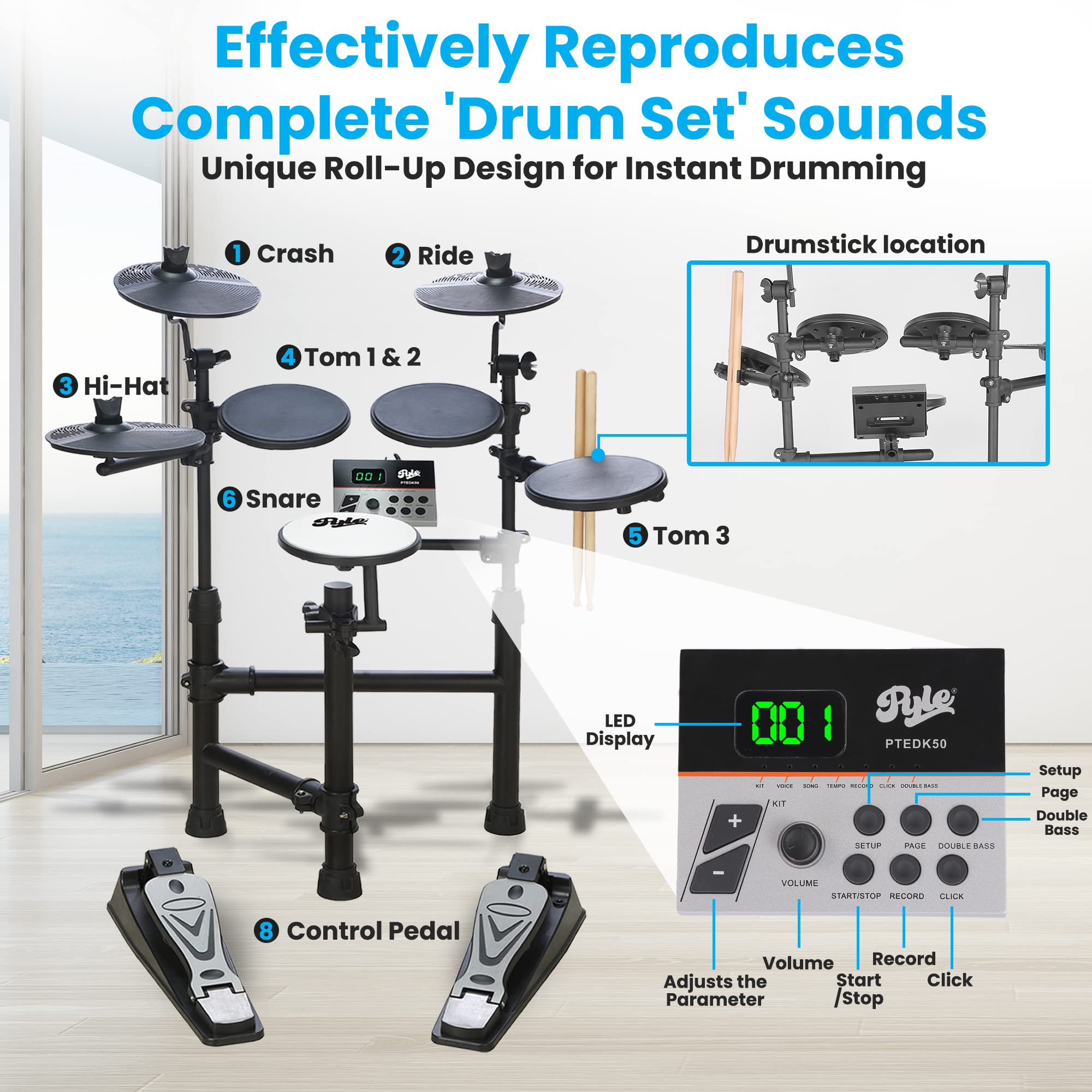 Pyle Electronic Drum Set-Portable Powerful Kit w Machine for Beginners Touch Sensitive Drum Pads, MIDI Computer Connection, Quick Setup Roll-Up Design (Mac & PC Compatible) (PTEDK50) Black