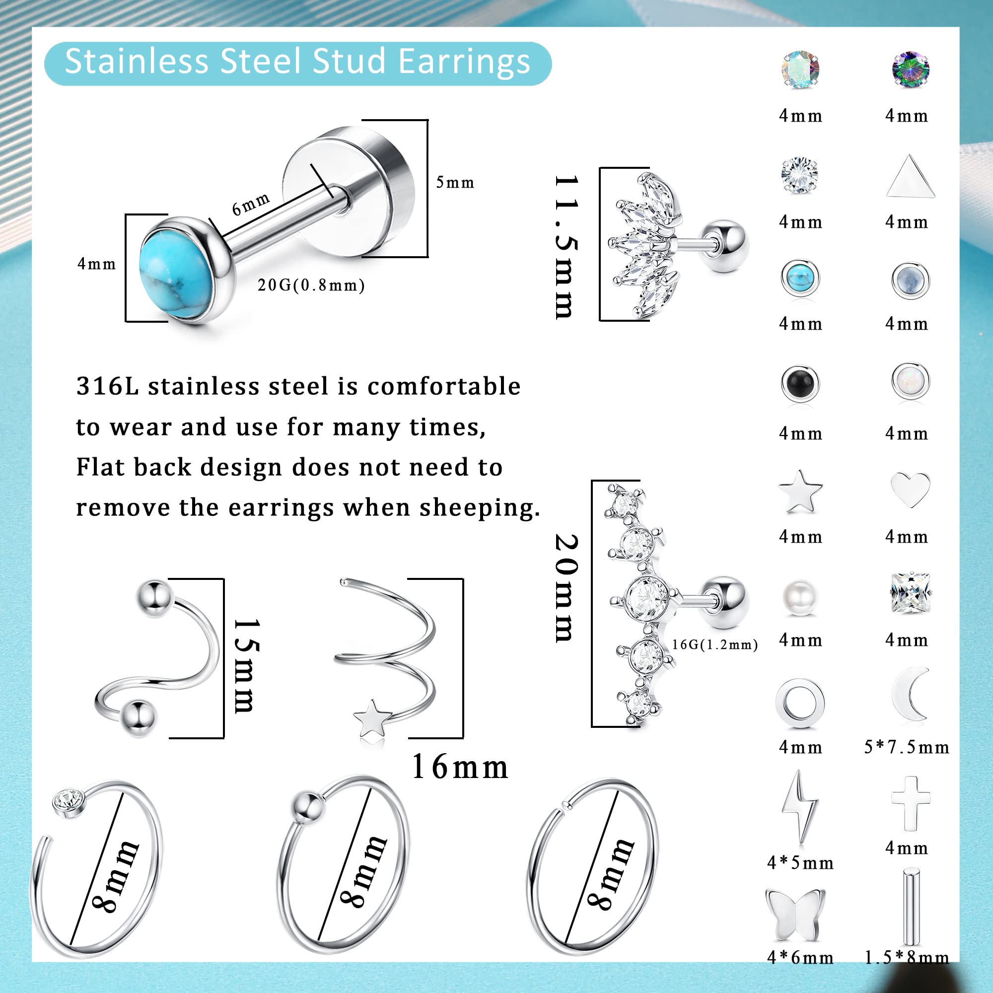 SAILIMUE 23Pairs Flat Back Earrings Hypoallergenic Surgical Steel Earrings for Women Men Hoop Stud Earrings Set Small Cartilage Earrings Tragus Daith Helix Earrings