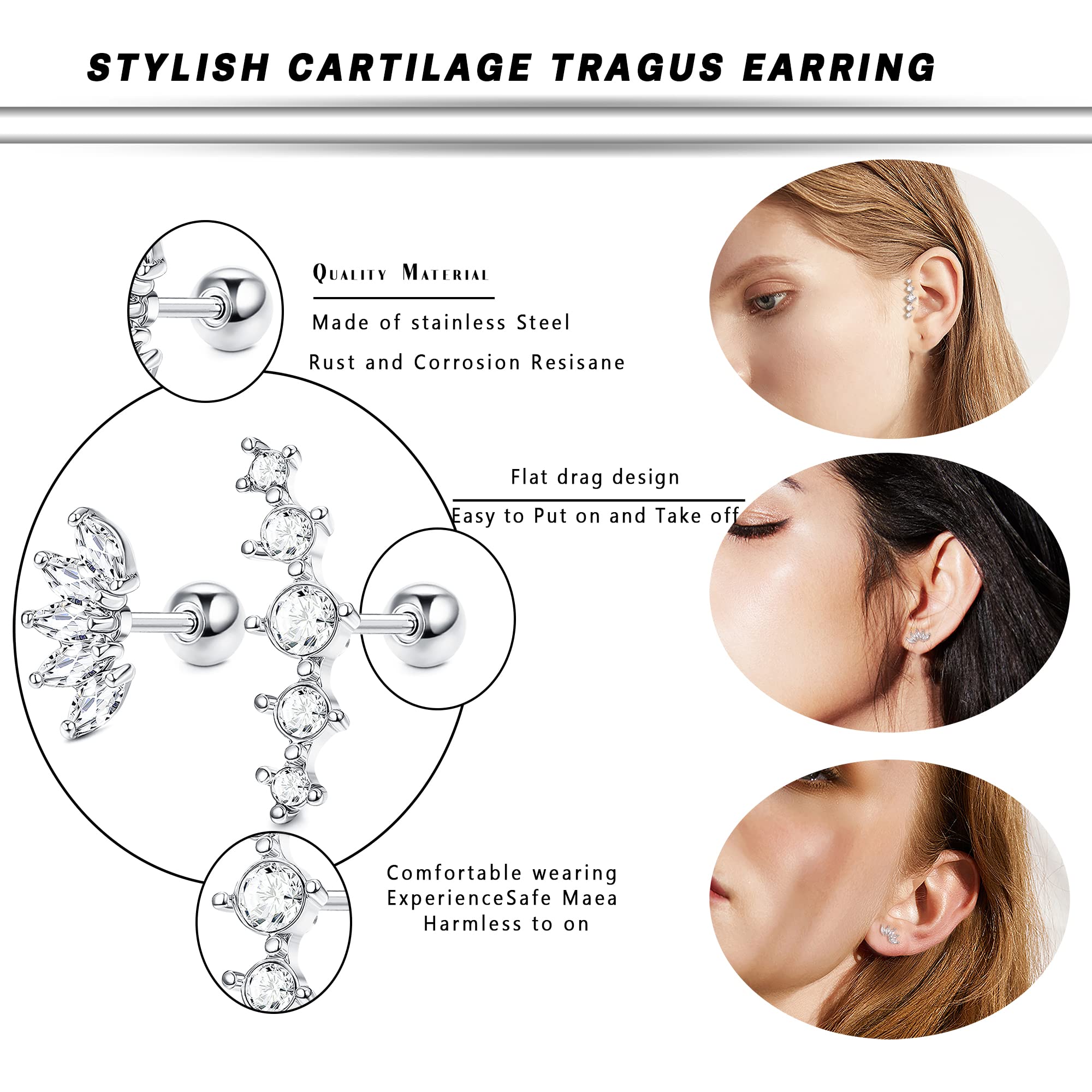 SAILIMUE 23Pairs Flat Back Earrings Hypoallergenic Surgical Steel Earrings for Women Men Hoop Stud Earrings Set Small Cartilage Earrings Tragus Daith Helix Earrings