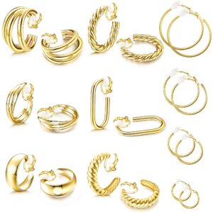 sailimue 10 pairs gold clip on hoop earring for women 14k gold plated chunky clip earrings no piercing earrings set