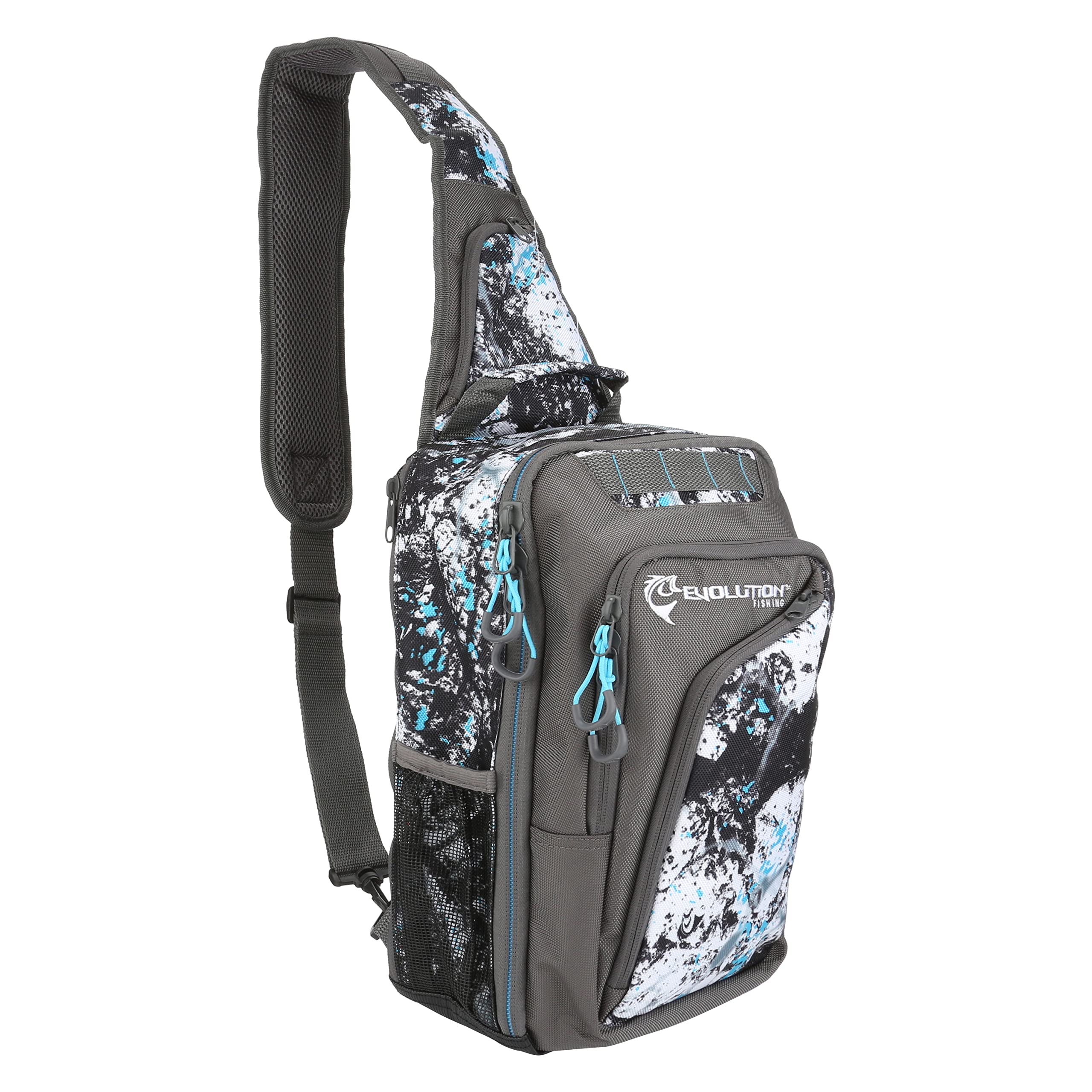 Evolution Fishing Largemouth 3600 Tackle Sling Pack - 18" in, Water Camouflage, Outdoor Carry Bag w/ 2 Fishing Trays, Plier Holster, Tackle Box Storage, Fishing Sling Backpack, Rod Holder Straps