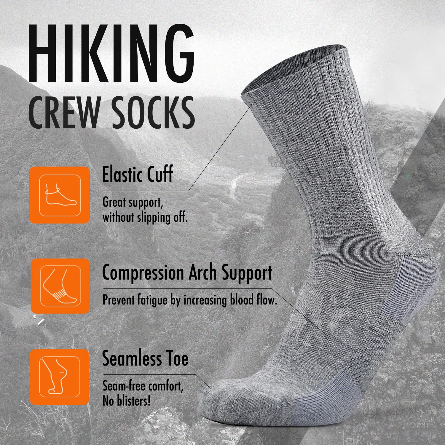 KitNSox 4 Pack Men's Women's Merino Wool Hiking Running Socks Crew Warm Thick Cushioned Outdoor Walking Sport Athletic Sock, Medium, Light Grey