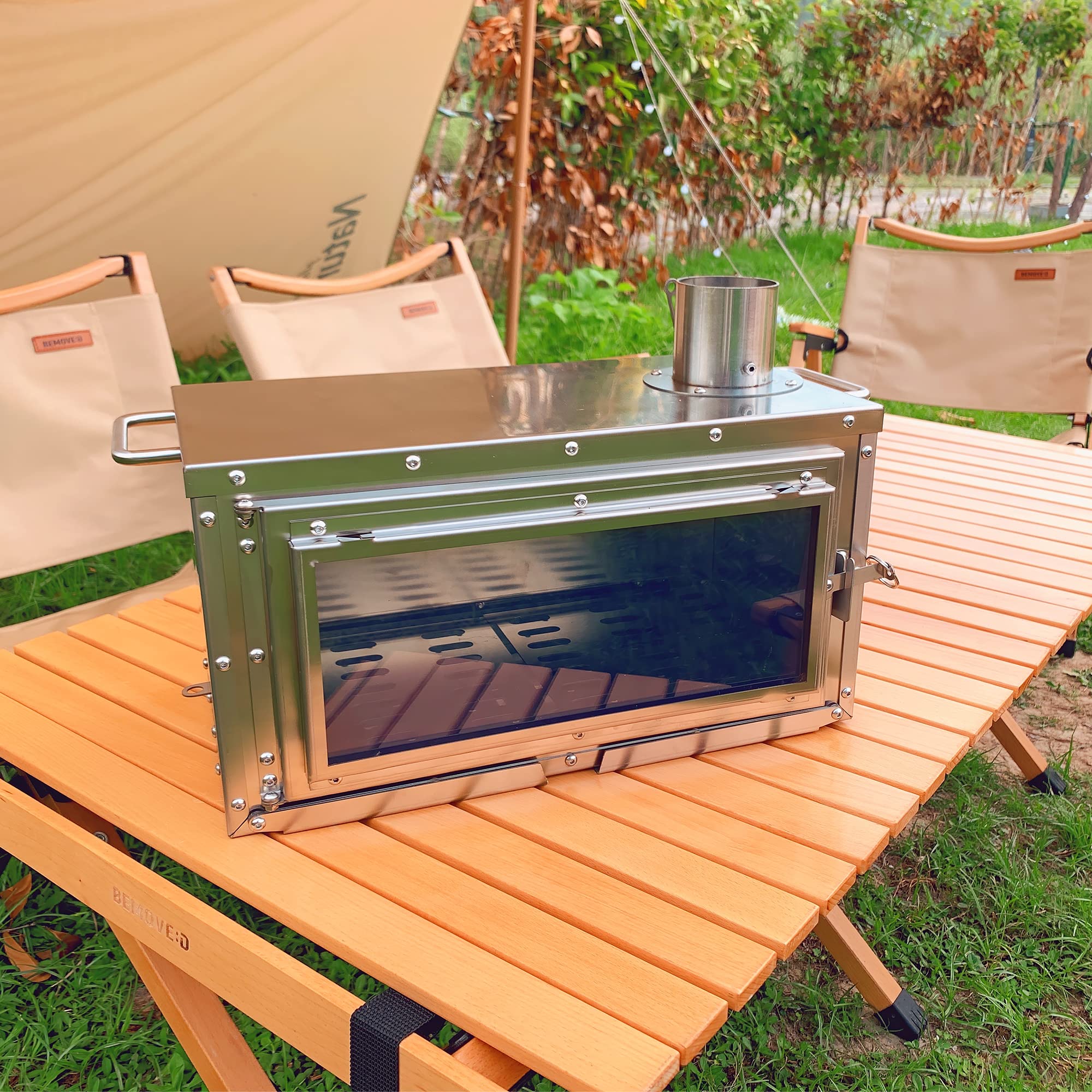 TITIMO Foldable large tent stoves with Chimney Pipe Wood Burning Stove for Camping,Hunting,Ice Fishing,Heating,Cooking(Stainless Steel)