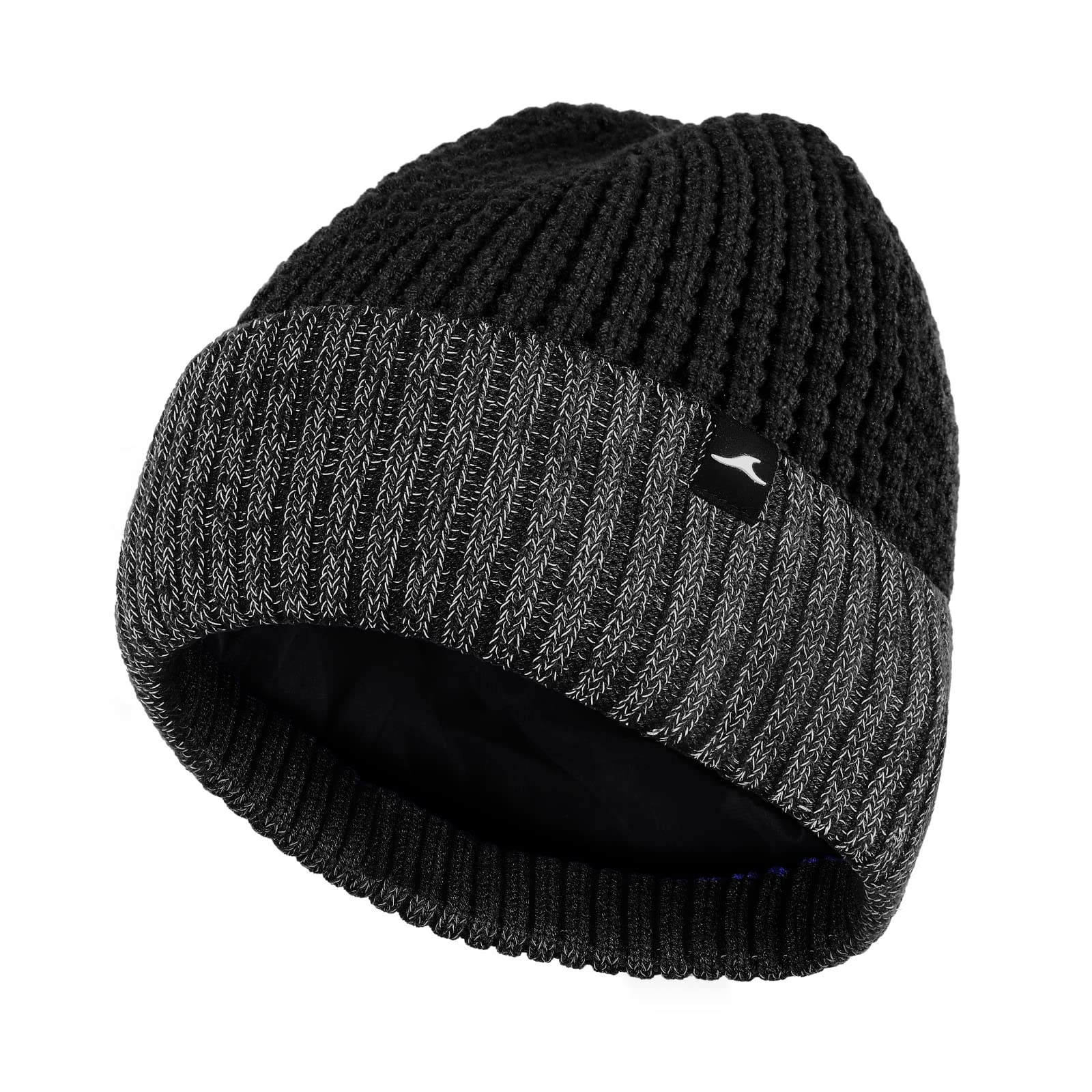 Achiou Winter Reflective Beanie Hat for Men Women, Warm Cuffed Winter Knit Hat Cap for Running Outdoor Sports High Visibility Black