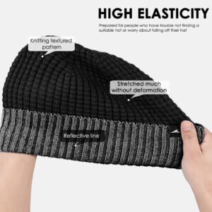 Achiou Winter Reflective Beanie Hat for Men Women, Warm Cuffed Winter Knit Hat Cap for Running Outdoor Sports High Visibility Black