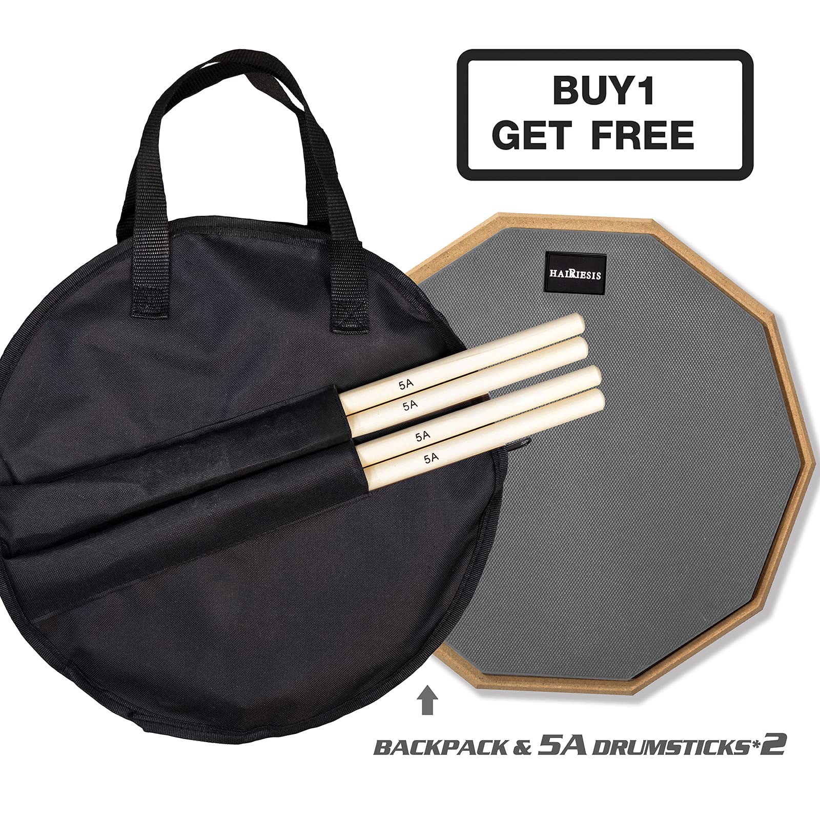 HAIRIESIS Snare Drum Practice Pad,12-Inch Practice Drum Pad,Double Sided Silent Drum Pad and Sticks,Drum Pads Carry Bag