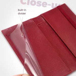 Yarnic Checkbook Cover for Personal Checkbook, Checkbook Holder with Pen Holder & Built-in Clear Plastic Divider for Duplicate Checks (Dark Red)