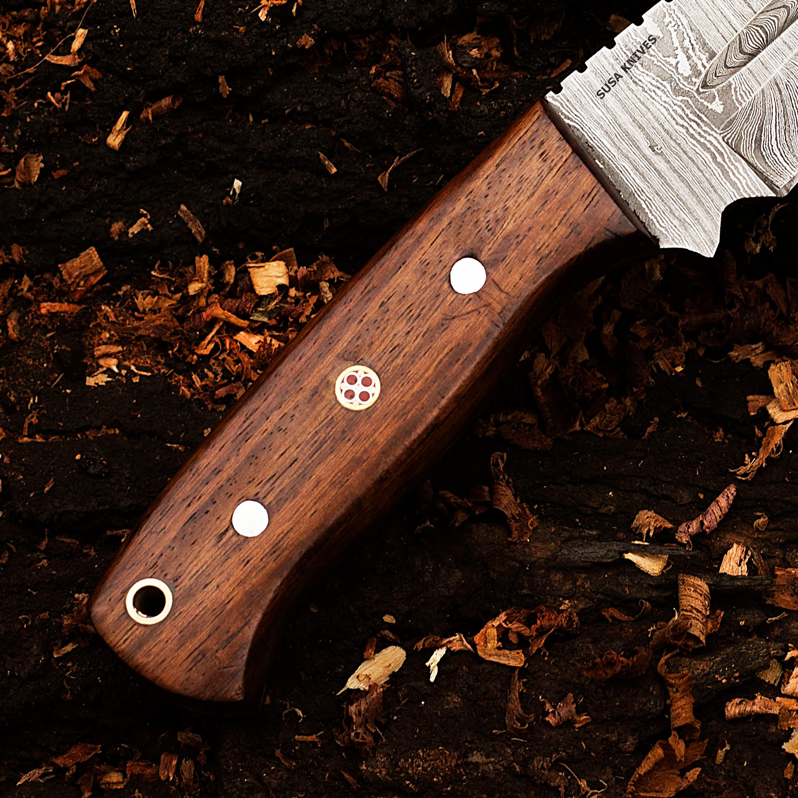 SUSA KNIVES 8''Fixed Blade Handmade Damascus Hunting Knife, Walnut Wood Handle -Its A Hunting Knife with Sheath | Bushcraft Knife EDC Survival Knife for Men | (WOOD)