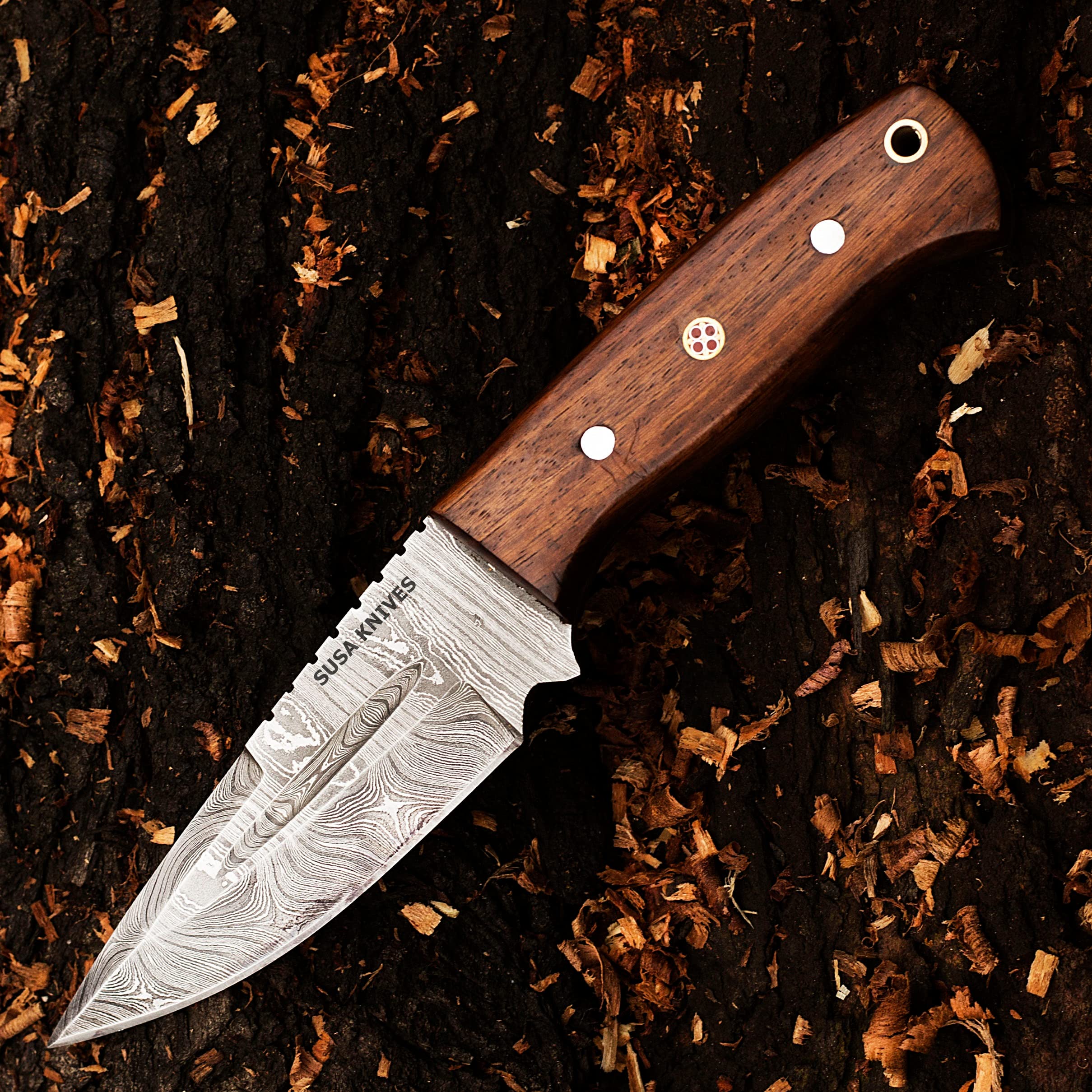 SUSA KNIVES 8''Fixed Blade Handmade Damascus Hunting Knife, Walnut Wood Handle -Its A Hunting Knife with Sheath | Bushcraft Knife EDC Survival Knife for Men | (WOOD)