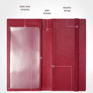 Yarnic Checkbook Cover for Personal Checkbook, Checkbook Holder with Pen Holder & Built-in Clear Plastic Divider for Duplicate Checks (Dark Red)