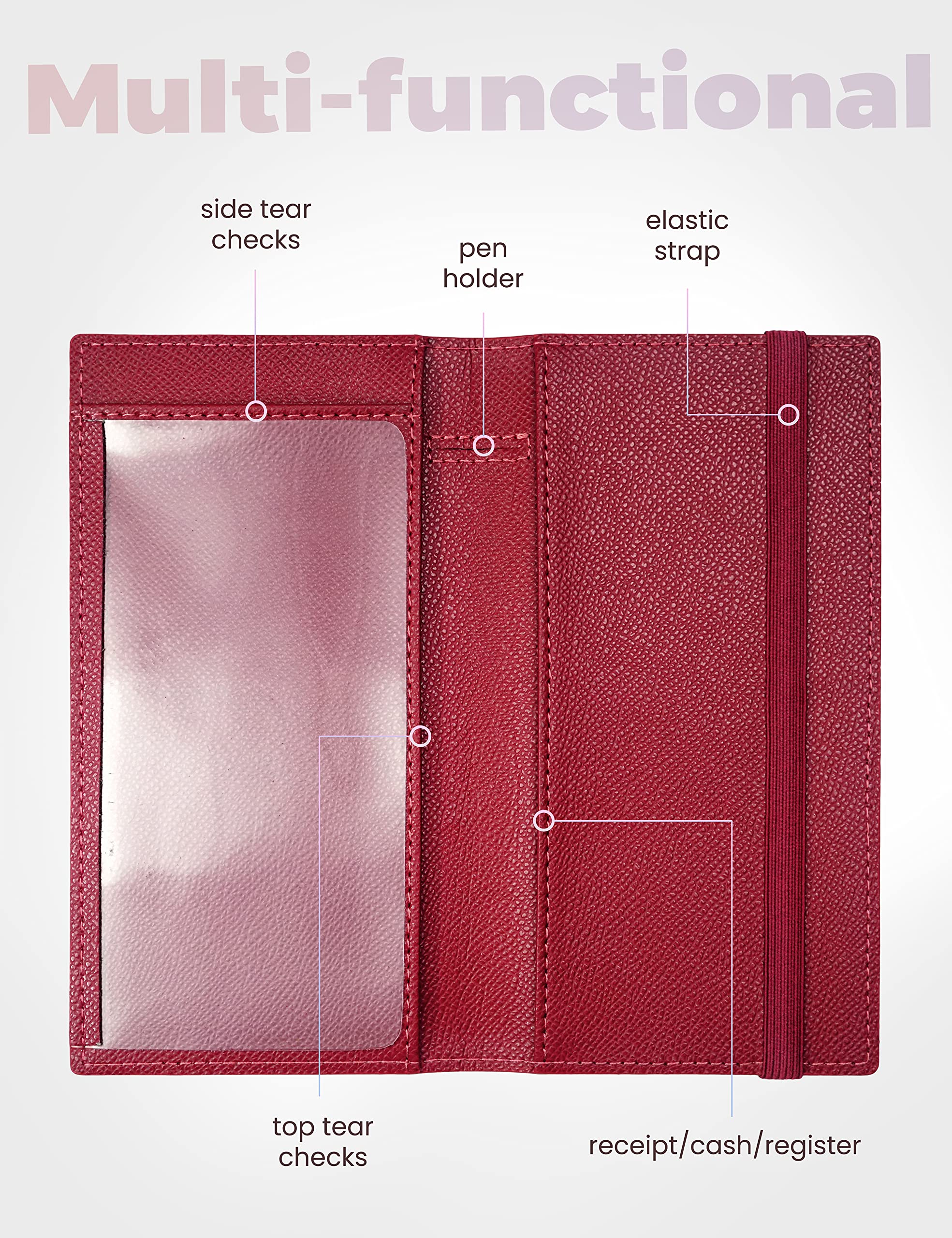 Yarnic Checkbook Cover for Personal Checkbook, Checkbook Holder with Pen Holder & Built-in Clear Plastic Divider for Duplicate Checks (Dark Red)