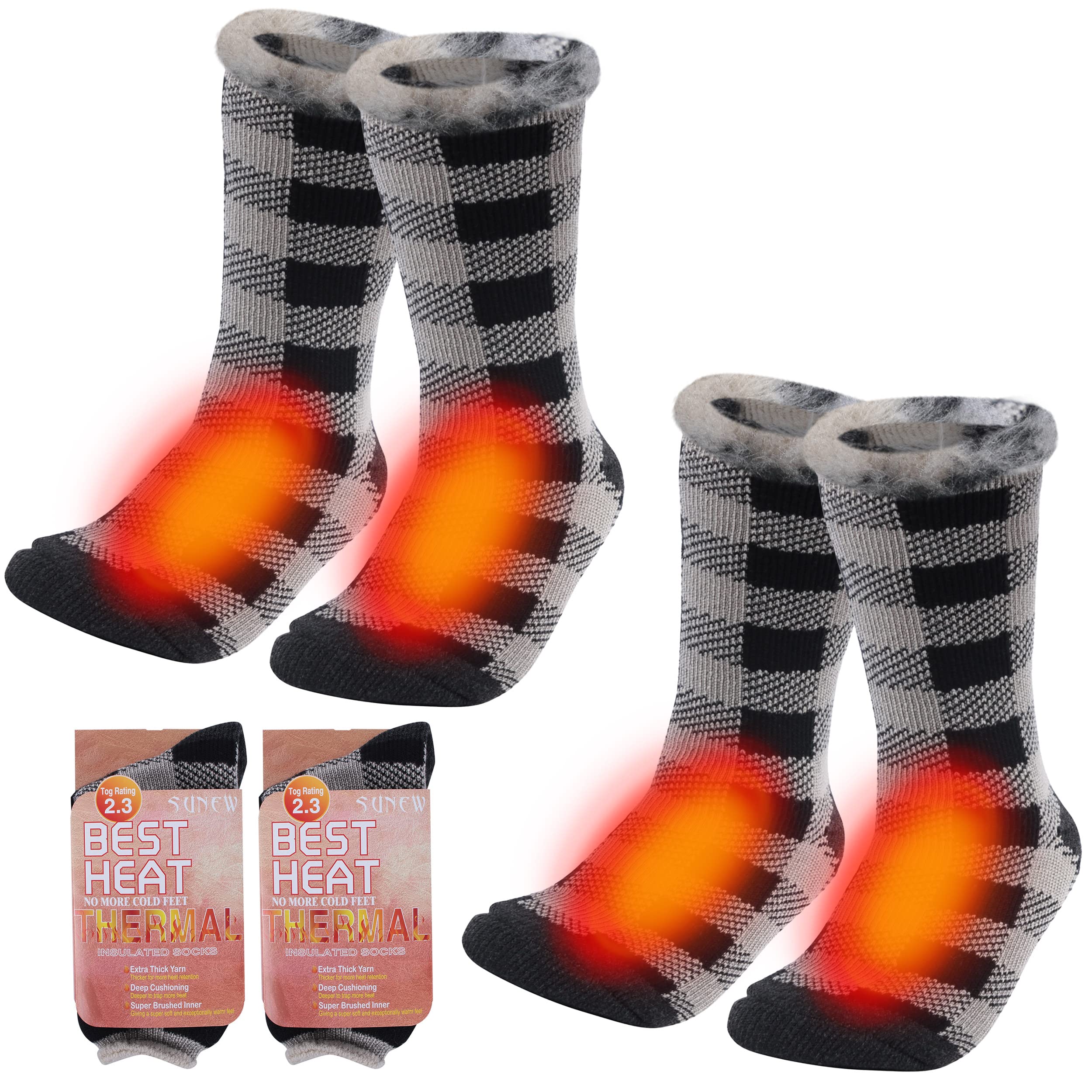 Sunew Warm Thermal Socks, Mens Cold Weather Outdoor Comfortable Skiing Thermal Socks 2 Pack Black White Plaid Medium