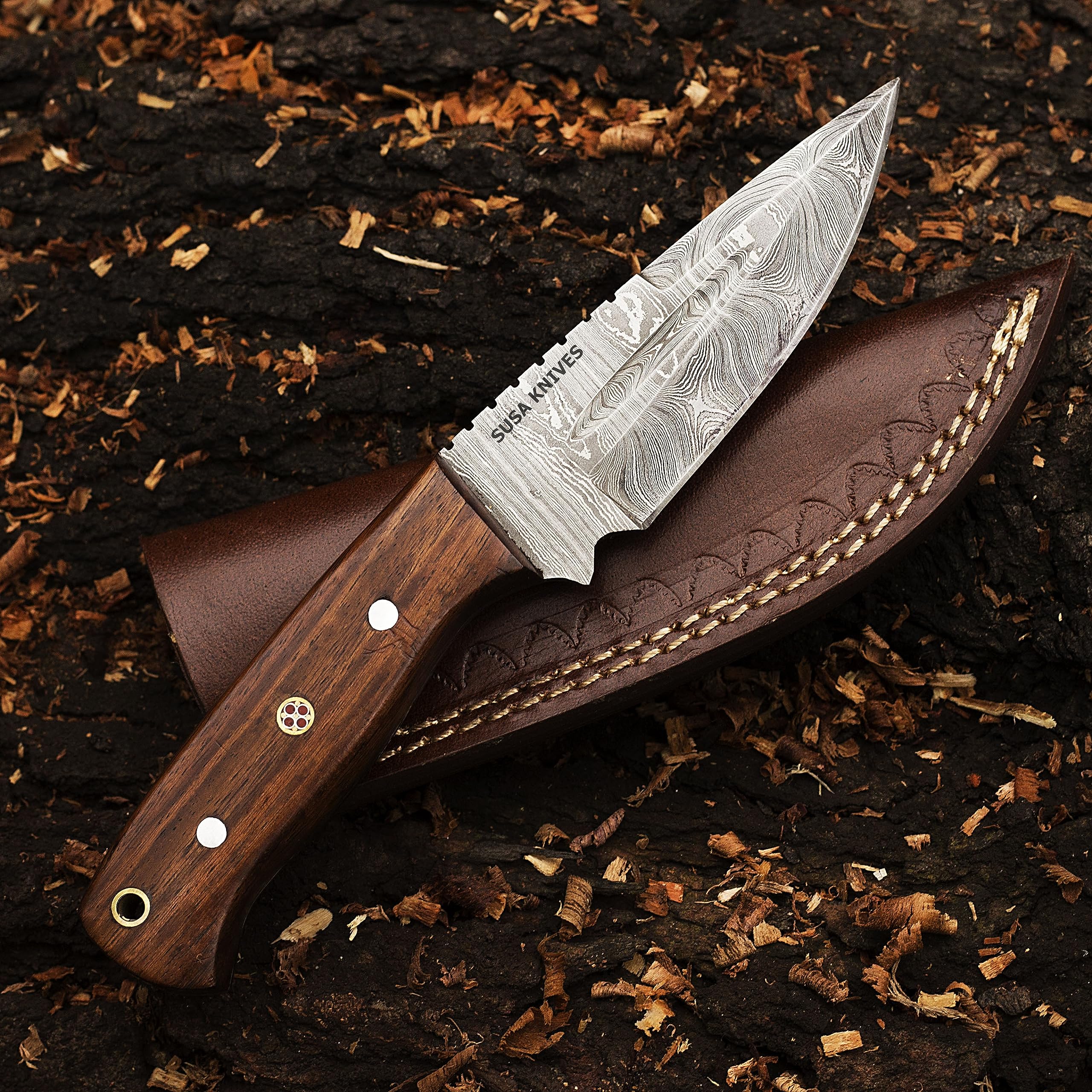 SUSA KNIVES 8''Fixed Blade Handmade Damascus Hunting Knife, Walnut Wood Handle -Its A Hunting Knife with Sheath | Bushcraft Knife EDC Survival Knife for Men | (WOOD)