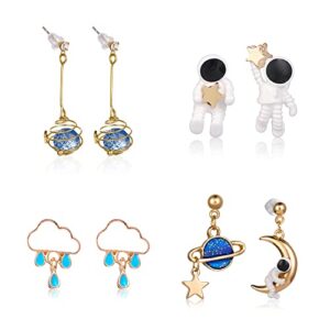 4 pairs astronaut stud earrings asymmetric spaceman star moon earrings planet star stud dangle earrings cloud rain drop earrings for women