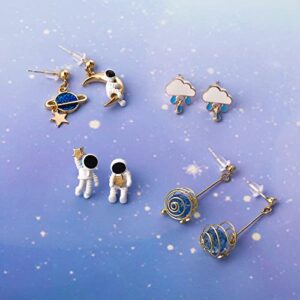 4 Pairs Astronaut Stud Earrings Asymmetric Spaceman Star Moon Earrings Planet Star Stud Dangle Earrings Cloud Rain Drop Earrings for Women