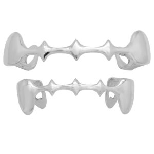 huliyhus 18k gold plated hip hop teeth grillz caps top and bottom vampire fangs grills set for men women party accessories teeth grills (03, silver), one size