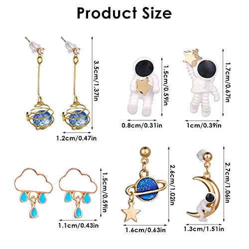 4 Pairs Astronaut Stud Earrings Asymmetric Spaceman Star Moon Earrings Planet Star Stud Dangle Earrings Cloud Rain Drop Earrings for Women