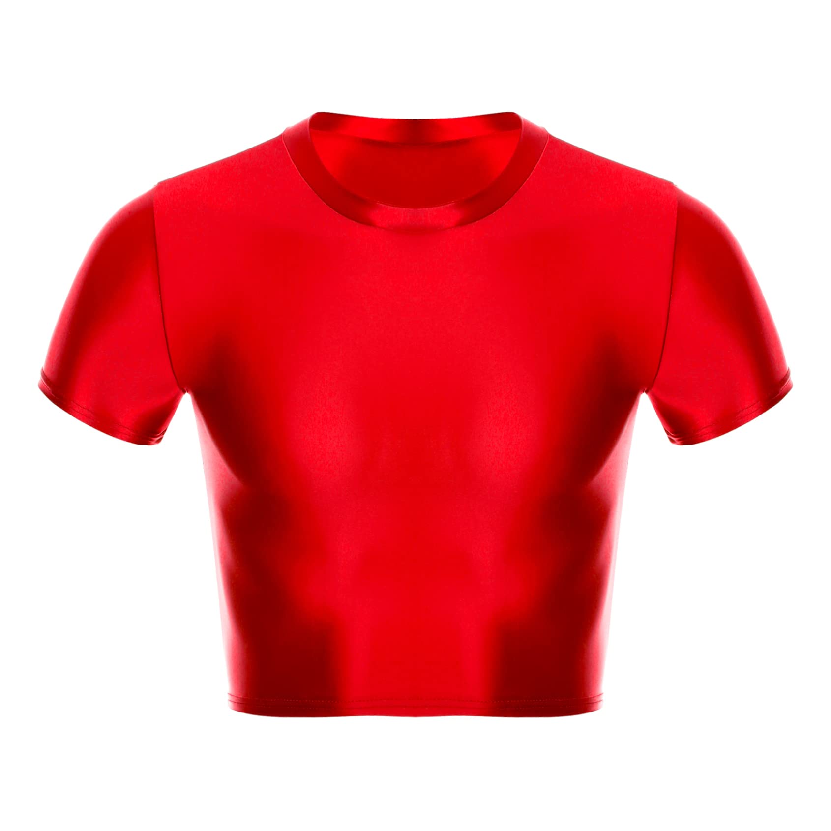 Yihuimin Men's Shiny Oil Short Sleeve Crop Tops Shirt Gym Sports Workout Compression T-Shirt Blouse Red Large