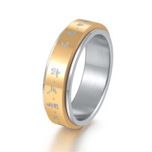 ANIEJUFI Stainless Steel God of Wealth Mantra Spinner Ring Buddhist Amulet Lucky Band Rings Gold Size 7