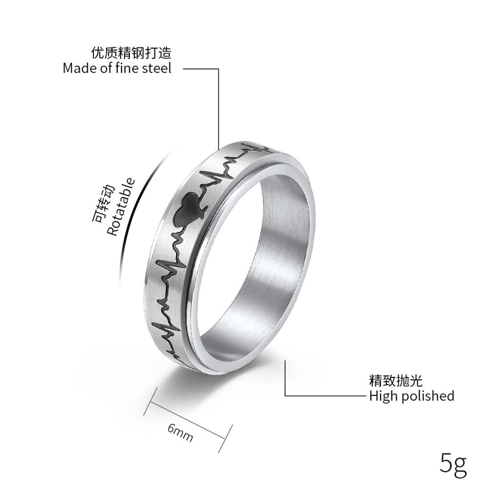 LiFashion Personalized Spinner Heartbeat Rings for Him & Her,Custom Name Date Love Engraved Wedding Band Stainless Steel ECG Fidget Ring Inspirations Stress Relief Meditation Promise Rings