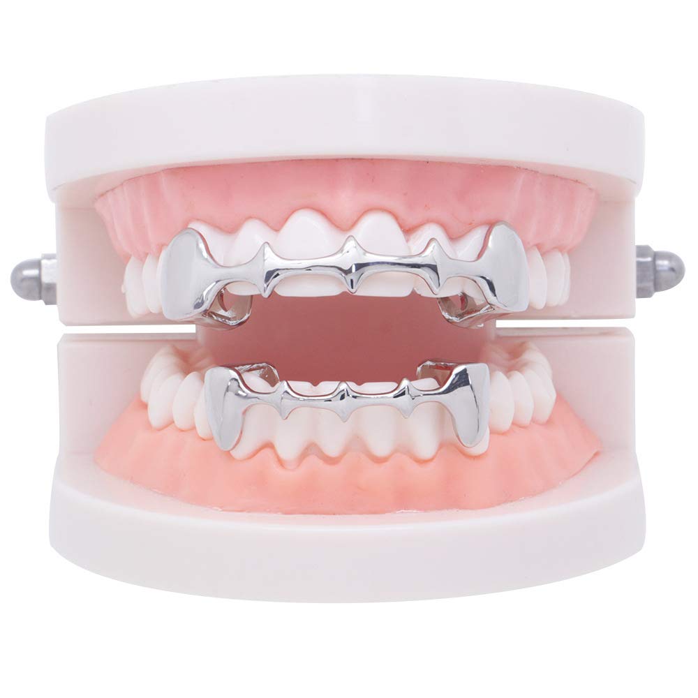 Huliyhus 18K Gold Plated Hip Hop Teeth Grillz Caps Top and Bottom Vampire Fangs Grills Set for Men Women Party Accessories Teeth Grills (03, Silver), One Size