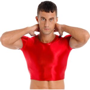 Yihuimin Men's Shiny Oil Short Sleeve Crop Tops Shirt Gym Sports Workout Compression T-Shirt Blouse Red Large