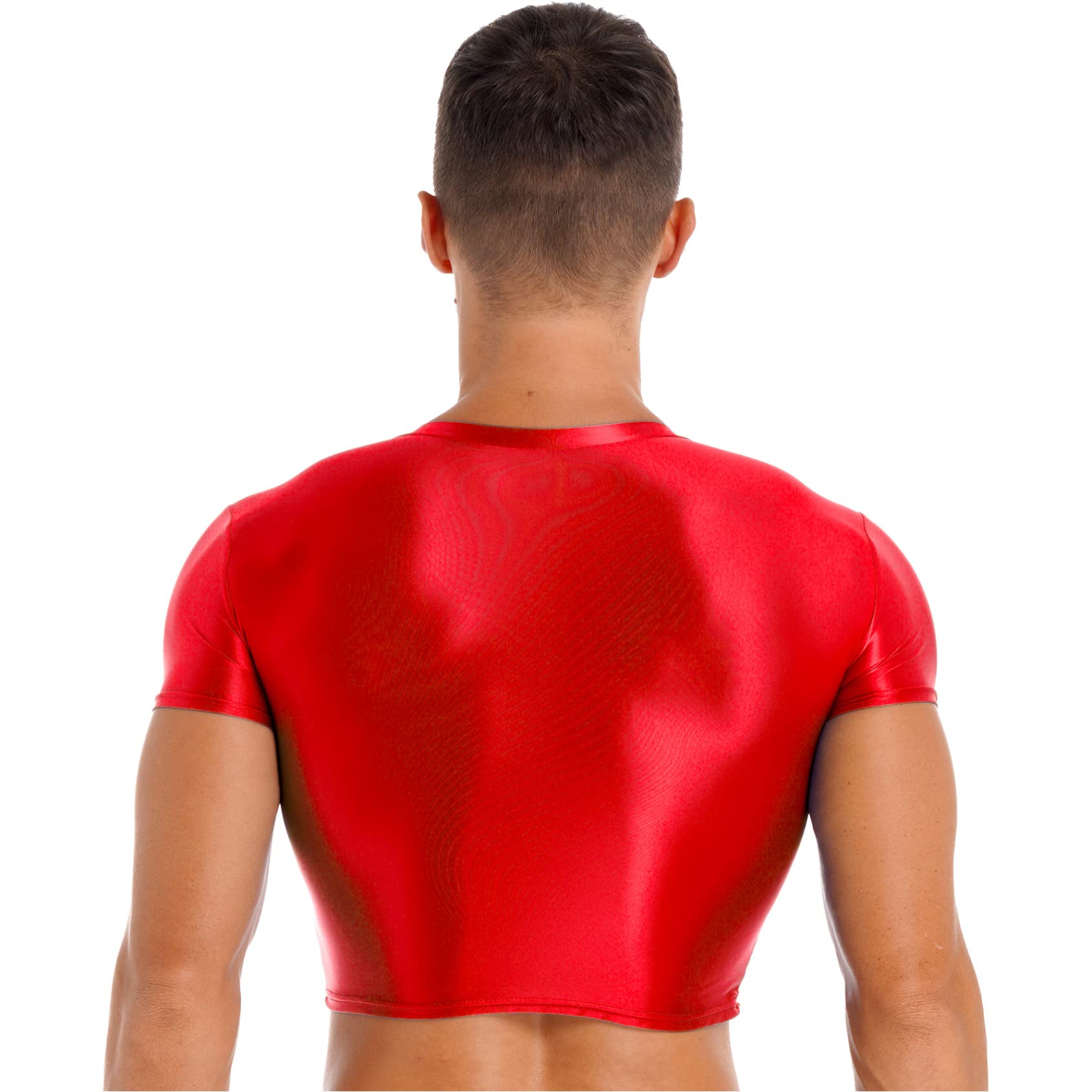 Yihuimin Men's Shiny Oil Short Sleeve Crop Tops Shirt Gym Sports Workout Compression T-Shirt Blouse Red Large