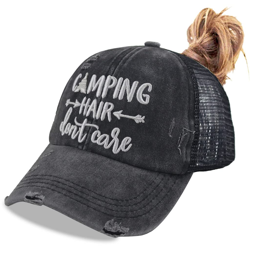 MANMESH HATT Camp Hats for Women, Camping Hair Don't Care Hat, Happy Camper High Ponytail Cap with Hole, Vintage Distressed Mesh Baseball Cap