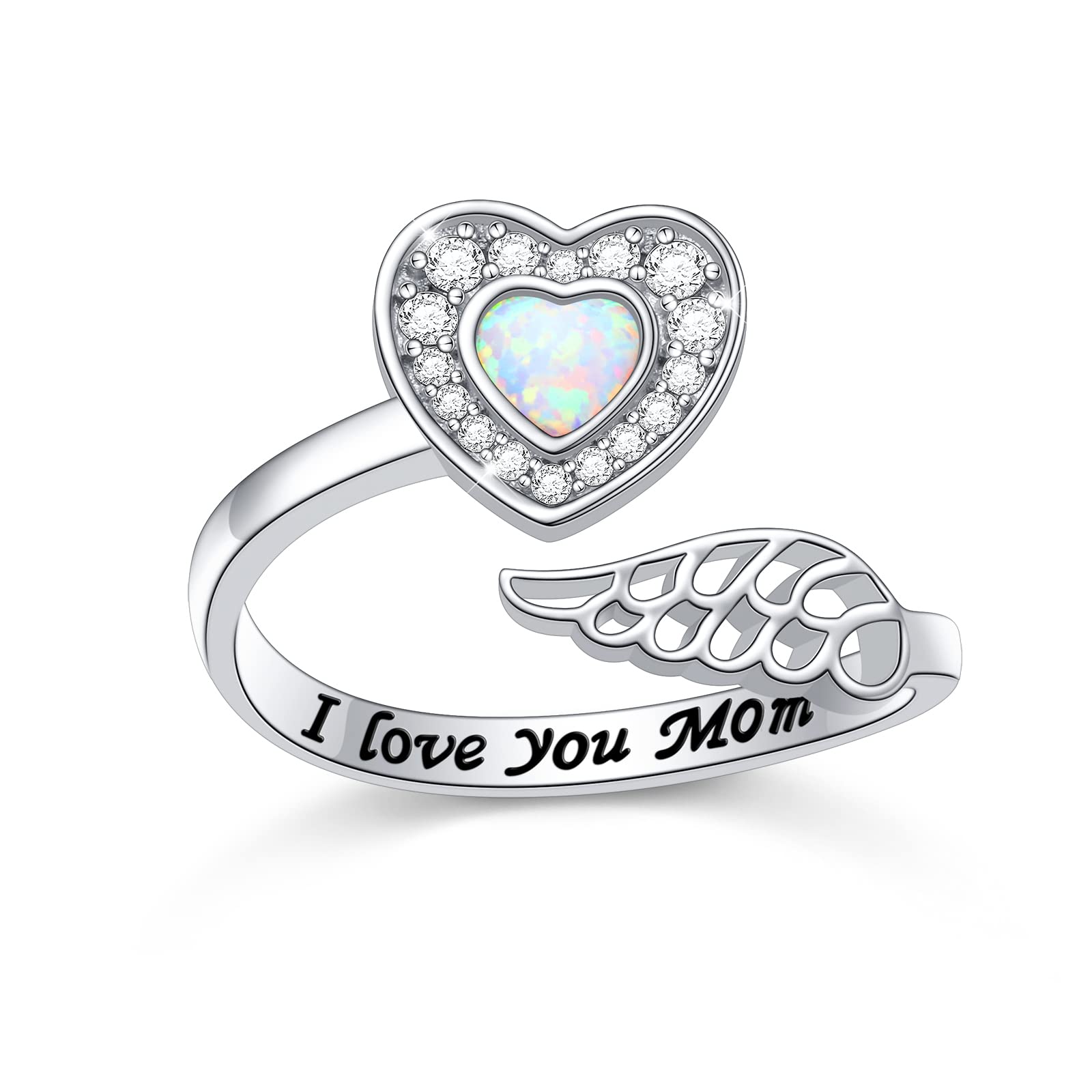 Mom Gifts 925 Sterling Silver Angel Wing Ring for Mother Women Memorial Jewelry Heart Ring with Message I Love You Mom Wrap Open Ring Lap Opal Rings Adjustable Size