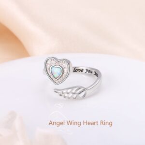 Mom Gifts 925 Sterling Silver Angel Wing Ring for Mother Women Memorial Jewelry Heart Ring with Message I Love You Mom Wrap Open Ring Lap Opal Rings Adjustable Size