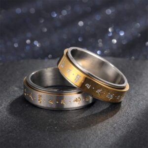 ANIEJUFI Stainless Steel God of Wealth Mantra Spinner Ring Buddhist Amulet Lucky Band Rings Gold Size 7