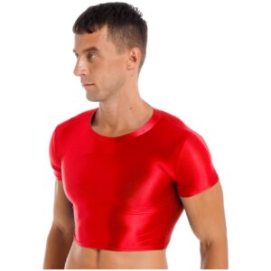 Yihuimin Men's Shiny Oil Short Sleeve Crop Tops Shirt Gym Sports Workout Compression T-Shirt Blouse Red Large