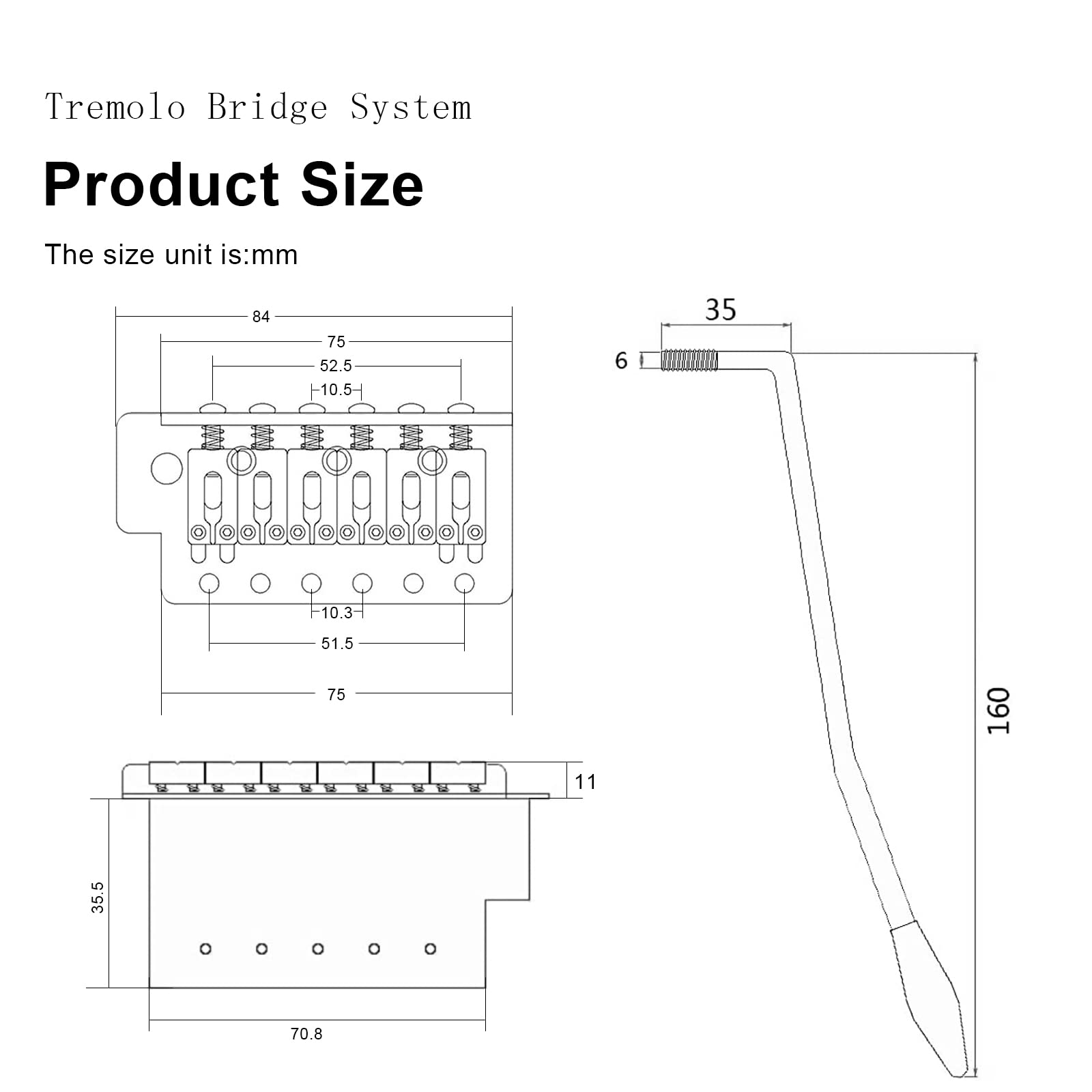 SAPHUE 52.5mm Guitar Stratocaster Tremolo Bridge Set for Fender Strat Squier Electric Guitar Replacement (Black, 52.5mm)