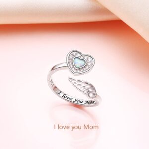 Mom Gifts 925 Sterling Silver Angel Wing Ring for Mother Women Memorial Jewelry Heart Ring with Message I Love You Mom Wrap Open Ring Lap Opal Rings Adjustable Size