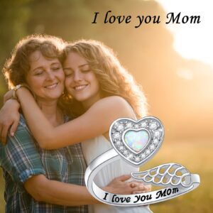 Mom Gifts 925 Sterling Silver Angel Wing Ring for Mother Women Memorial Jewelry Heart Ring with Message I Love You Mom Wrap Open Ring Lap Opal Rings Adjustable Size