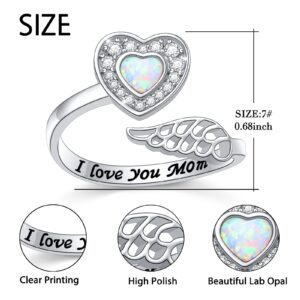 Mom Gifts 925 Sterling Silver Angel Wing Ring for Mother Women Memorial Jewelry Heart Ring with Message I Love You Mom Wrap Open Ring Lap Opal Rings Adjustable Size