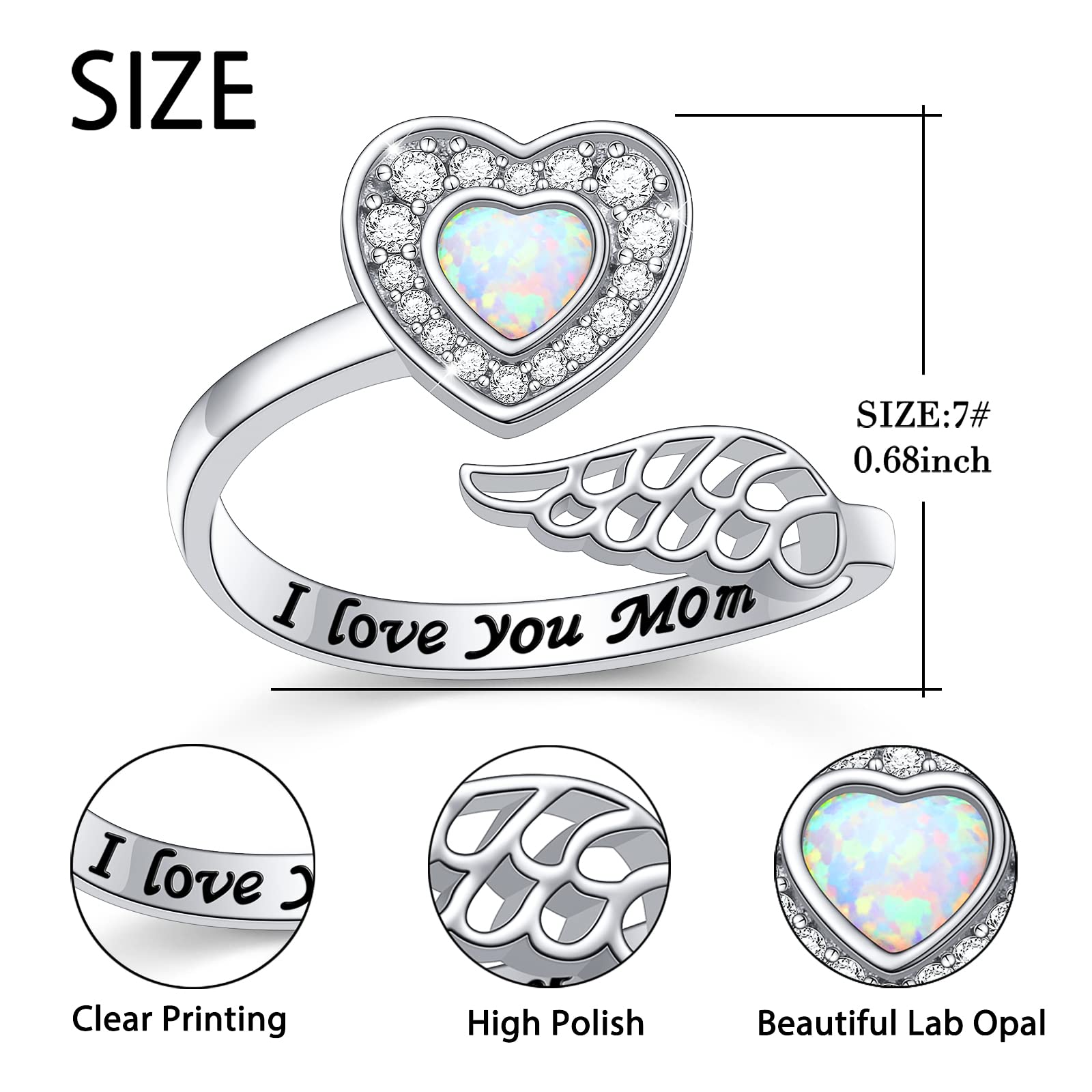 Mom Gifts 925 Sterling Silver Angel Wing Ring for Mother Women Memorial Jewelry Heart Ring with Message I Love You Mom Wrap Open Ring Lap Opal Rings Adjustable Size