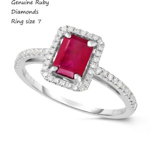 KOKAV 14K White Gold Genuine Ruby 1 Ct Emerald Cut with Diamonds Ring, Size 7