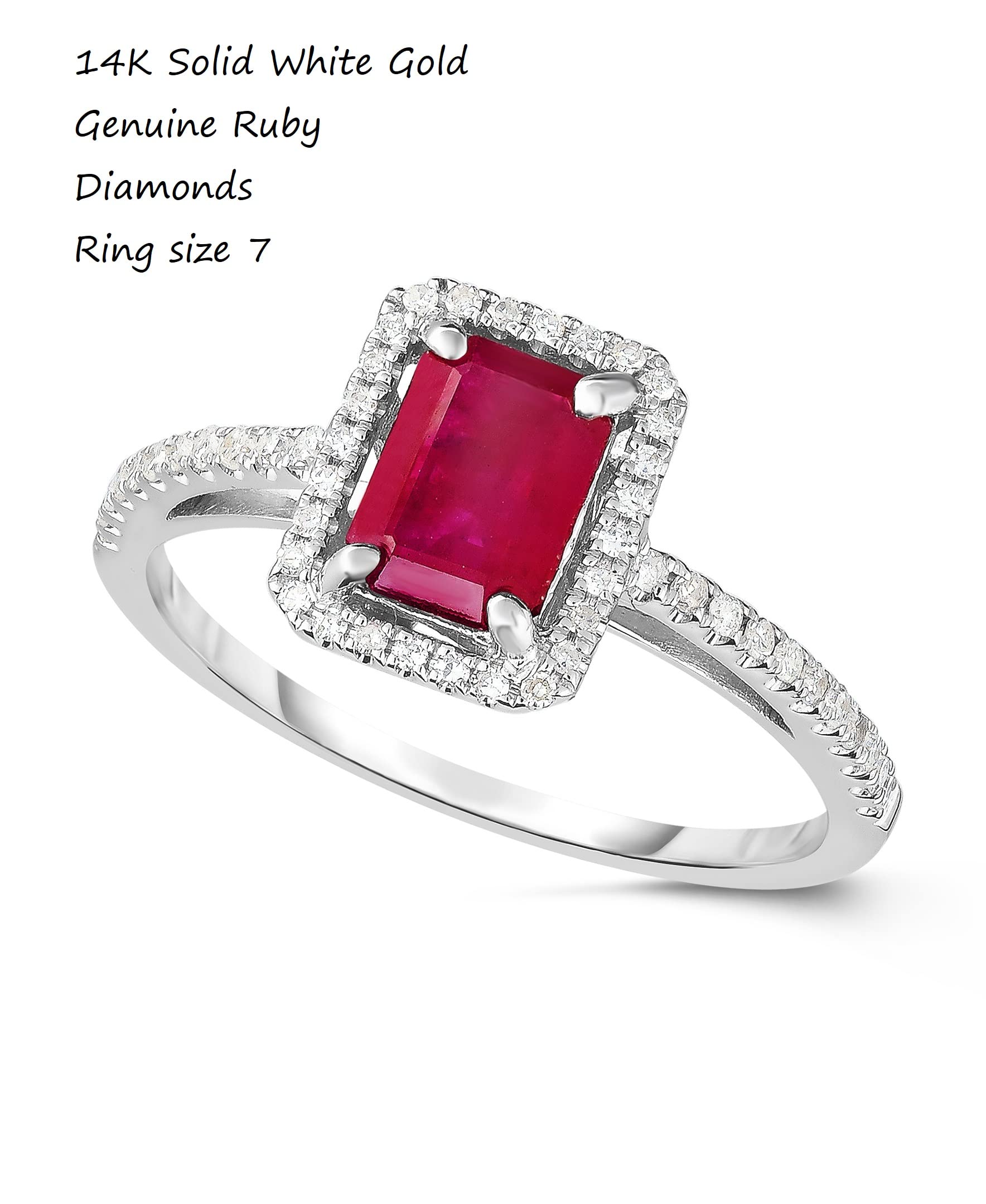 KOKAV 14K White Gold Genuine Ruby 1 Ct Emerald Cut with Diamonds Ring, Size 7