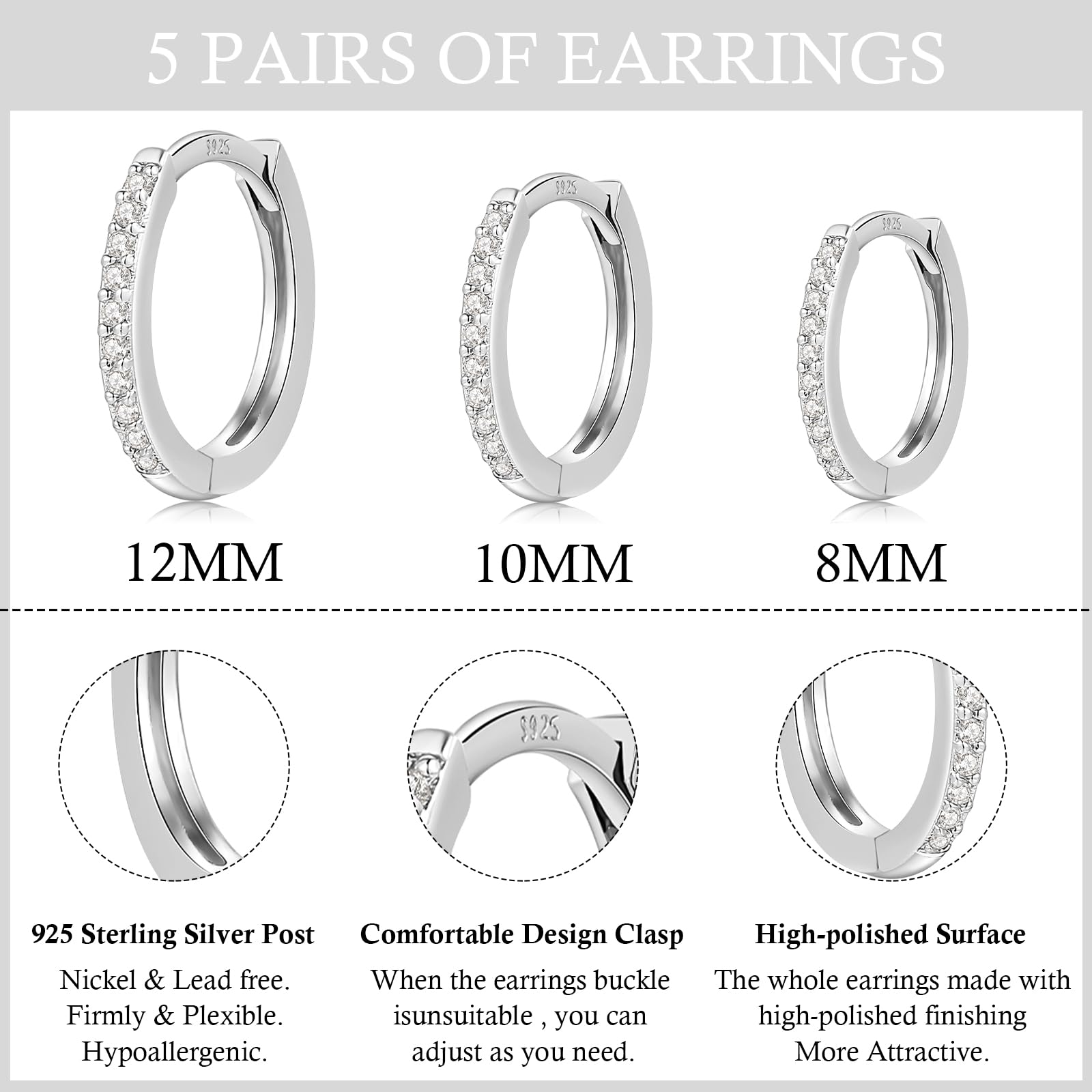 3 pairs Sterling Silver Hoop Earrings for Women 14K White Gold Plated Small Silver Hoop Earrings Cubic Zirconia Huggie Hoop Earrings for Men(Silver 8/10/12mm)