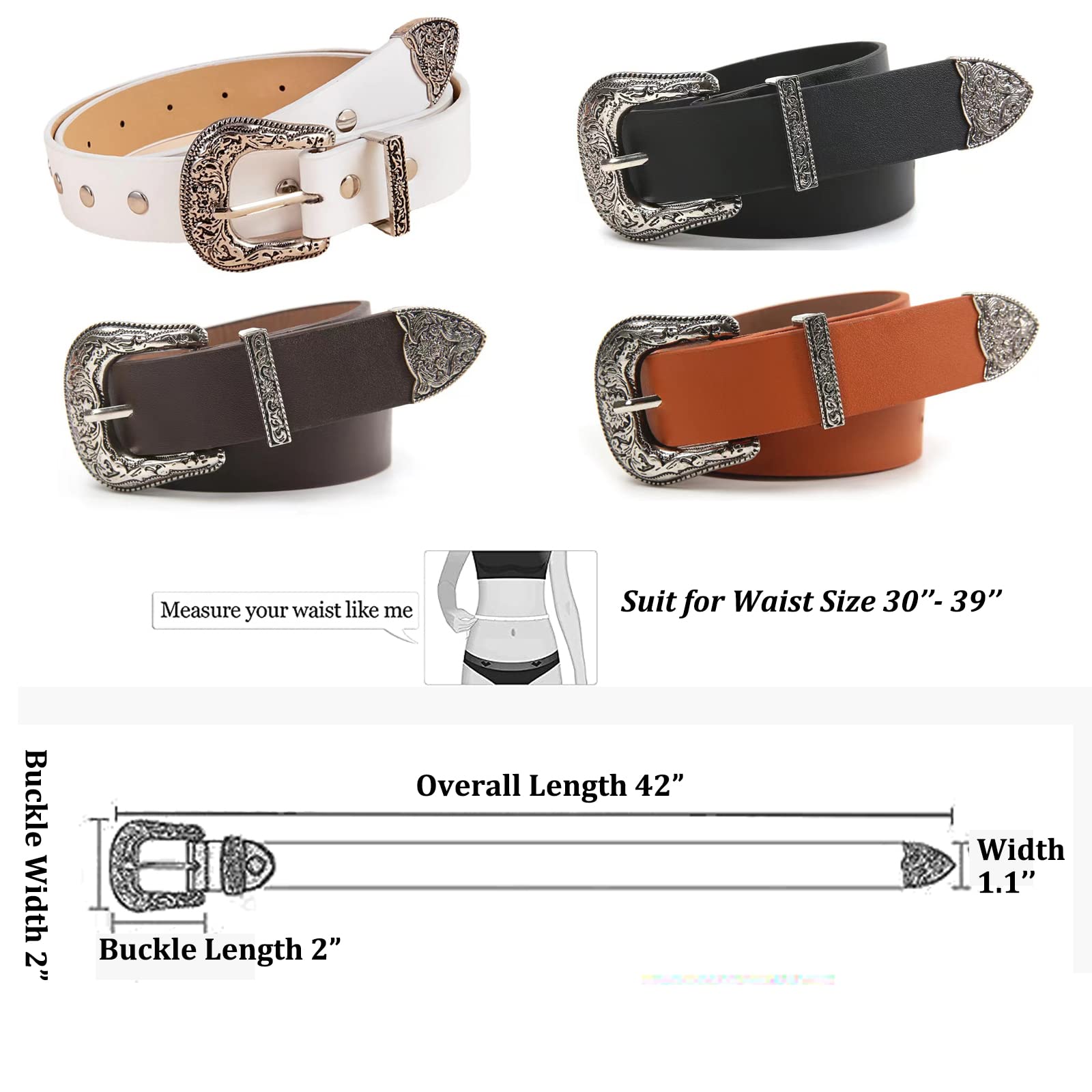 Y2KFASHN Leather Western Belts For Women，Ladies Cowgirl Belts Country Belts With Buckle Cowboy Vintage Belts