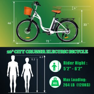 Electric Bike for Adult - 26" City Cruiser Electric Bicycle 350W Motor-12.5 Ah Removable Battery-Up to 40 Miles,Shimano 6-Speed and Dual Shock Absorber,City Electric Commuter Bike for Adults (White)