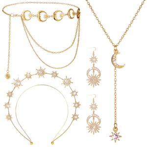 glenmal 4 pieces halo crown moon stars necklaces and body chain halo headband drop earrings halo tiaras headpiece for women(gold)